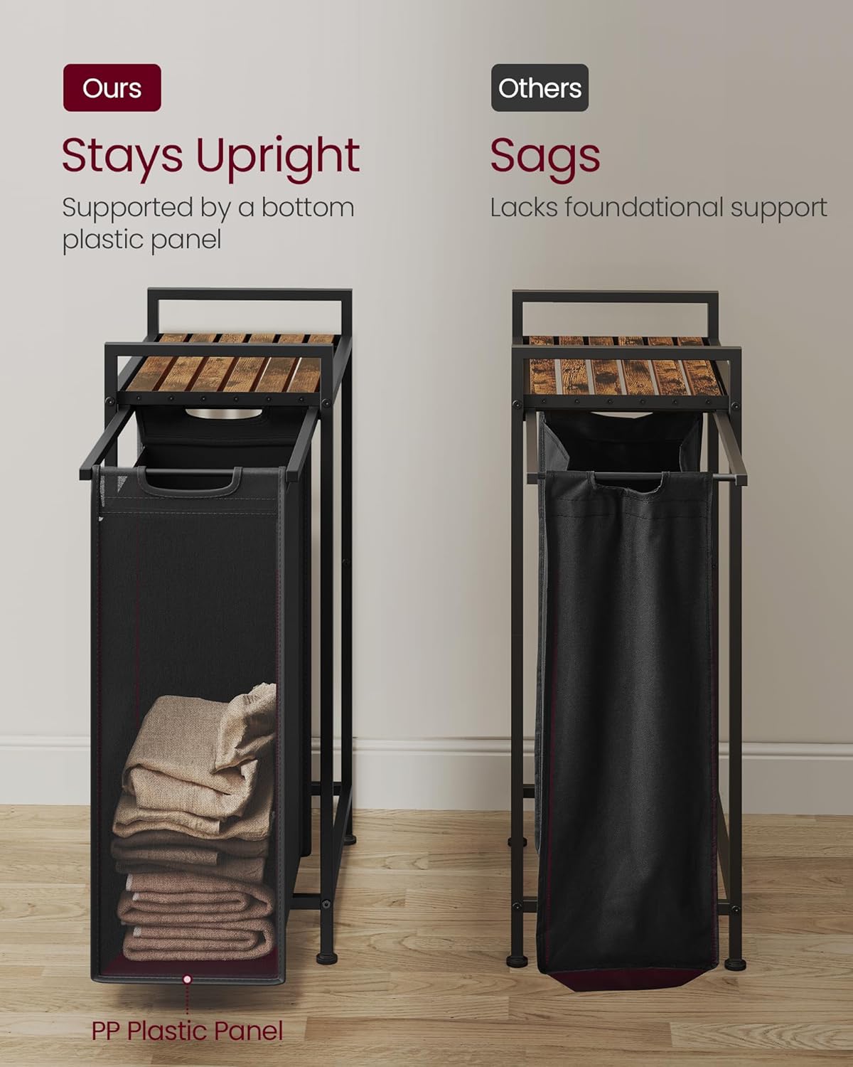 VASAGLE Laundry Hamper, Laundry Basket, Laundry Sorter with a Pull-Out and Removable Bag, Shelf, Metal Frame, 12.4 Gallons (47 L), 16.5 x 11 x 29.5 Inches, Ink Black and Rustic Brown UBLH001B01