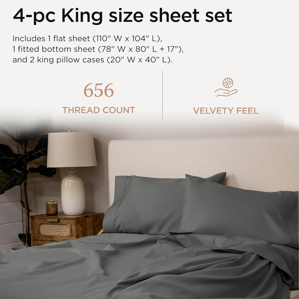 Threadmill American Supima King Size Sheets Set | 656 Thread Count 4 Piece Luxury Bed Sheets for King Size Mattress | 5 Star Hotel Quality Sheets with Elasticized Extra Deep Pocket | Dark Grey Sheets