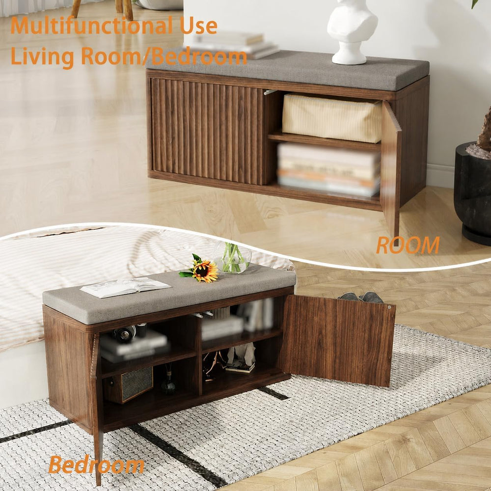 Shoe Cabinet Bench with Cushion,Double Layered Wooden Shoe Bench with Soft Cu...