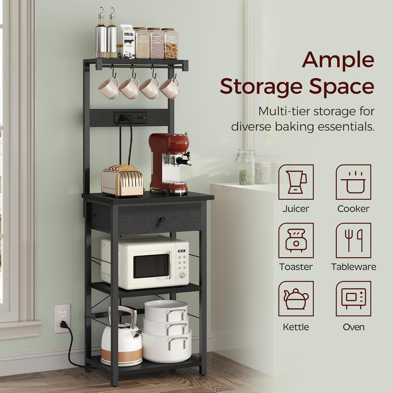 MAHANCRIS Bakers Rack with Drawer, Microwave Stand with Power Outlet, Coffee Bar Station with 4 Hooks, Kitchen Storage Shelf Rack 4 Tiers, for Kitchen, Dining Room, Black BRBK48E01