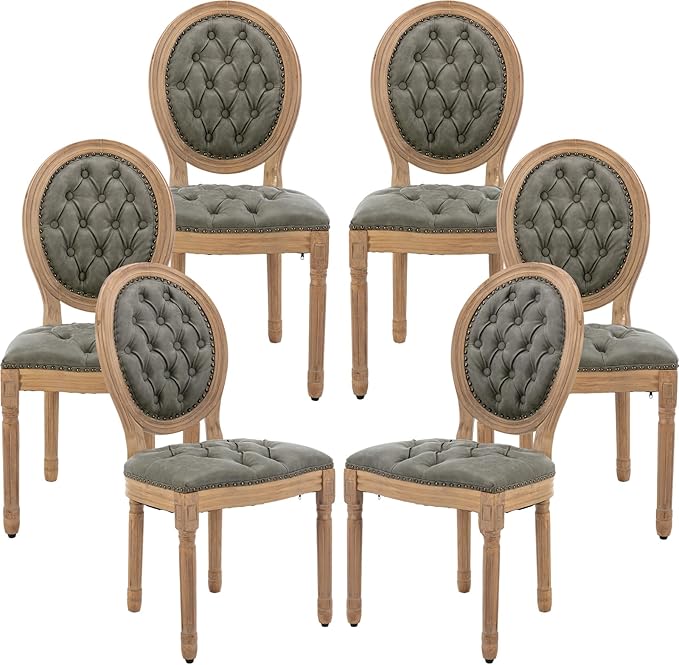 French Country Dining Chairs Set of 6, Olive Kitchen & Dining Room Chairs, Faux Leather Tufted Upholstered, Wood Legs, Sillas De Comedor (PU, Pine Green, 6Pcs)