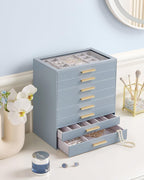 Lolalet Jewelry Box Organizer, 8-Layer Jewelry Organizers and Storage Case with Glass Lid, Ring Earring Bracelet Necklace Holder Organizer, Birthday Christmas Gifts for Women Girls -8Layer, HazeBlue