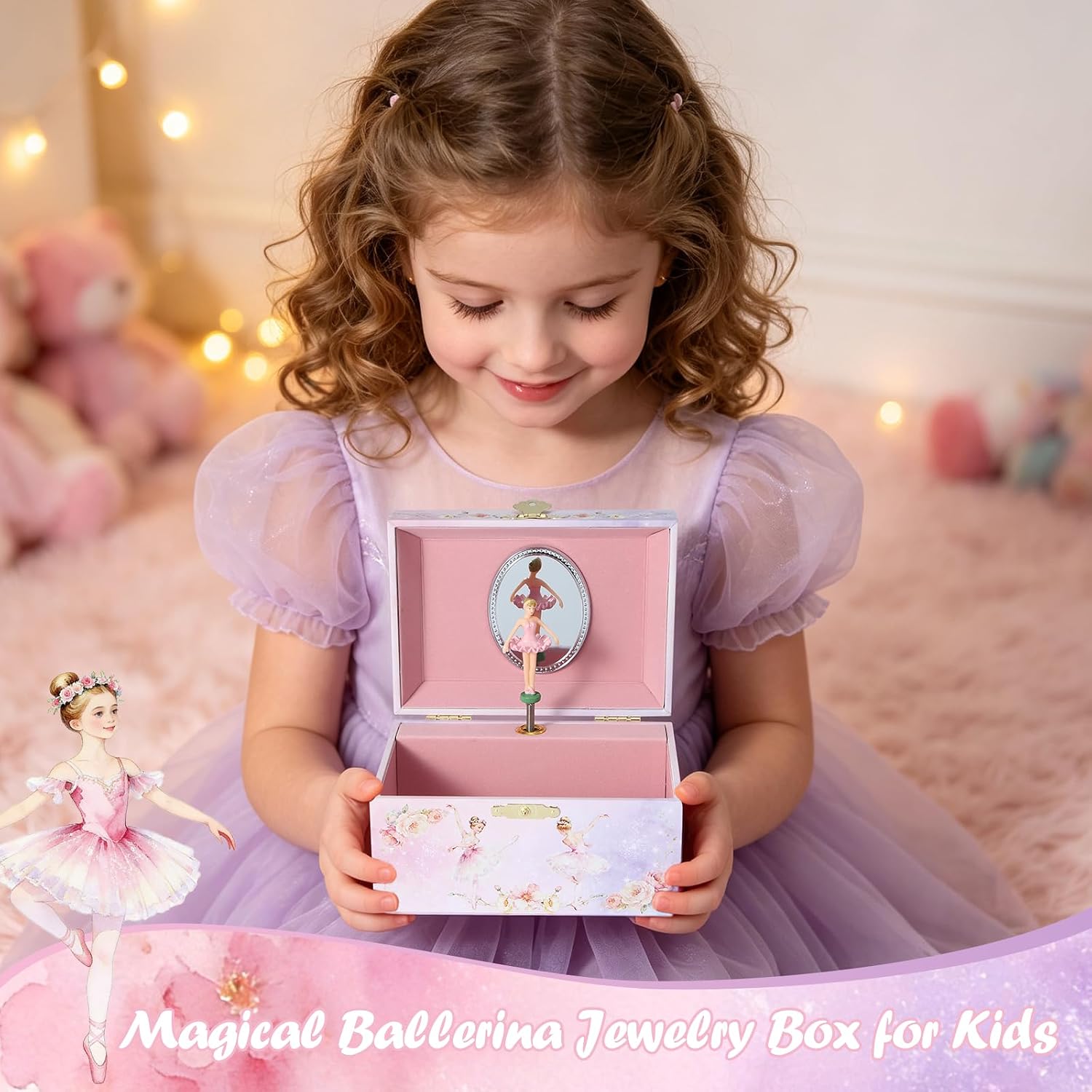 Ballerina Music Box for Girls, Swan Lake Musical Jewelry Box Organizer with Spinning Ballerina, Kids Jewelry Storage Case with Jewelry Set, Birthday for Toddler Girls