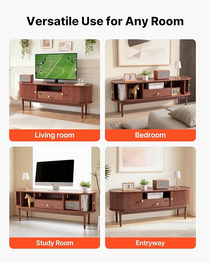 VEVOR Boho Fluted TV Stand with Storage and Drawer, for 55/60/65 inch TVs, Mid Century Modern Entertainment Center TV Console with Sliding Tambour Door & Open Shelves for Living Room, Bedroom, Walnut