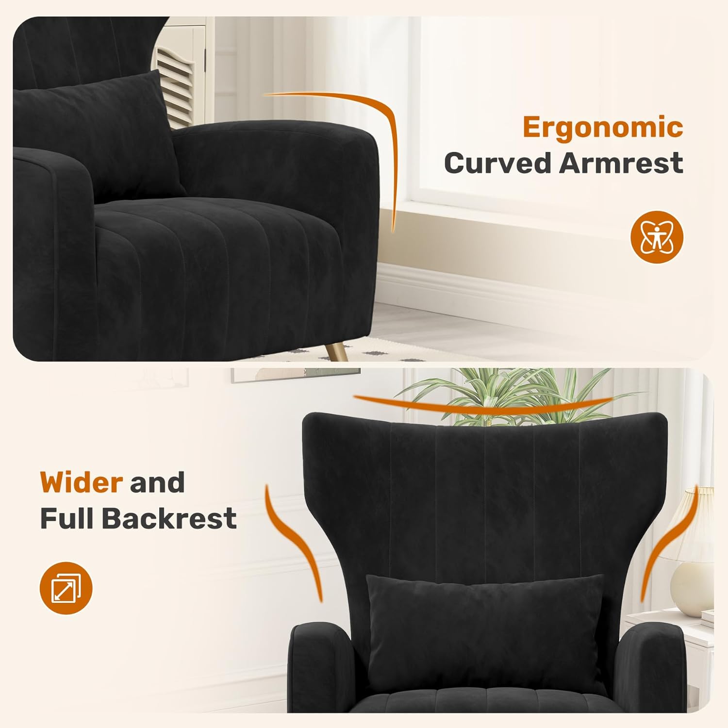 Luxanimarion Velvet Accent Chair Wingback for Living Room, High Back Arm Chair with Golden Legs Lumbar Pillow, Upholstered Single Sofa Bedroom Black