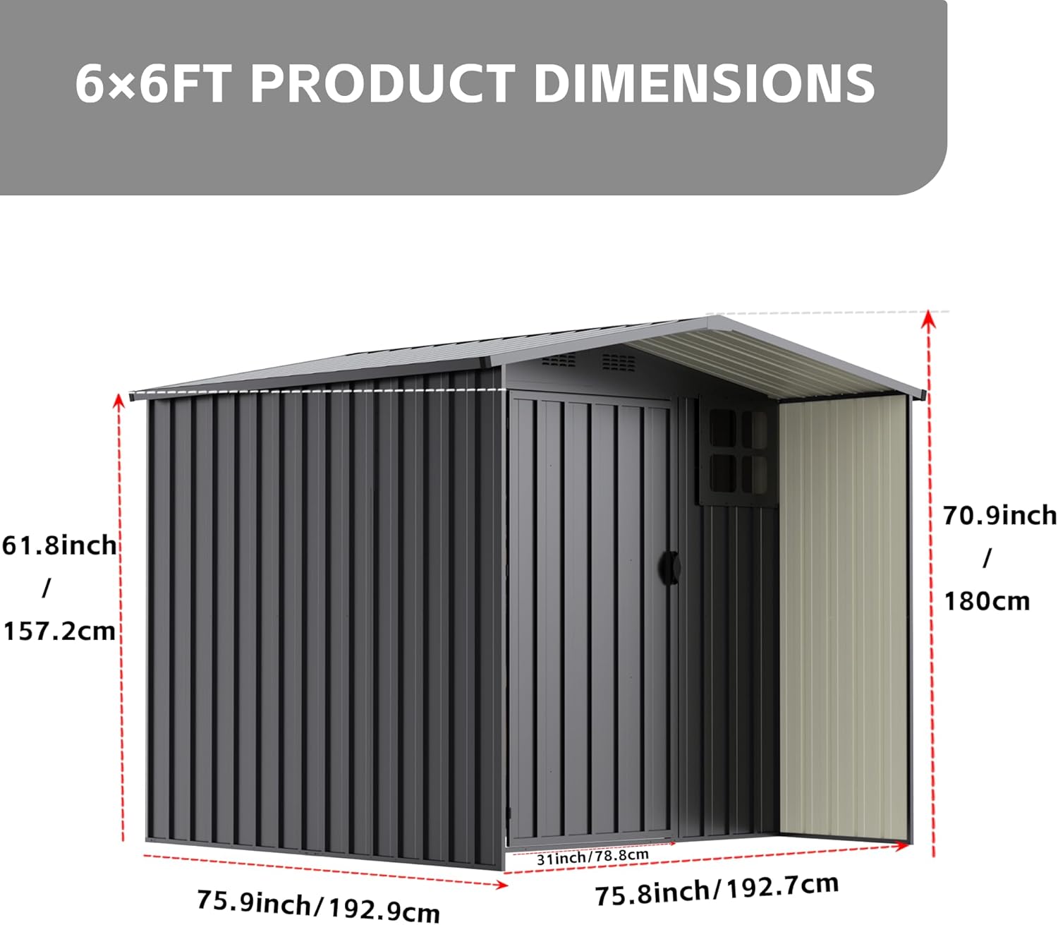 6×6 FT Metal Outdoor Storage Shed with Windows, Lockable Waterproof Sheds & Outdoor Storage, Garden Tool Shed for Lawn Mower & Backyard Patio, Dark Gray (No Floor)