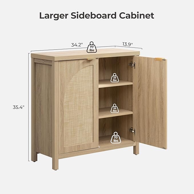 SICOTAS 68" W Rattan Sideboard Buffet Cabinet with Storage Set of 2, Mid Century Modern Credenza with Arch Doors & Shelves Boho Coffee Bar Media Console Cabinets for Kitchen, Living Room, Entryway