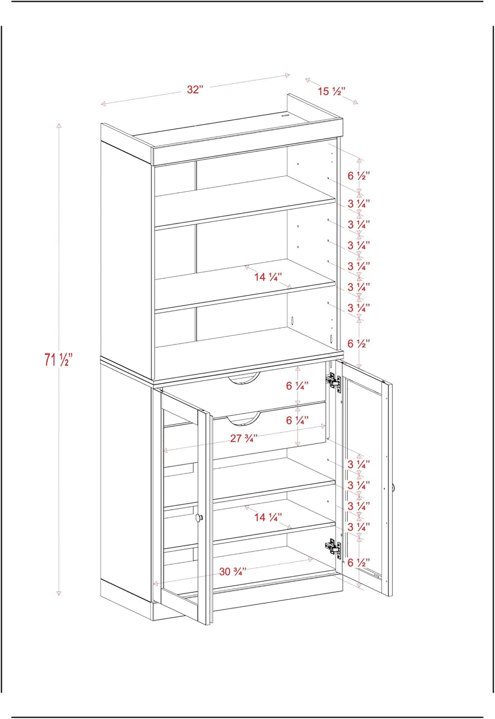 Palace Imports 100% Solid Wood 32"" Pantry Cabinet with Clear Glass...