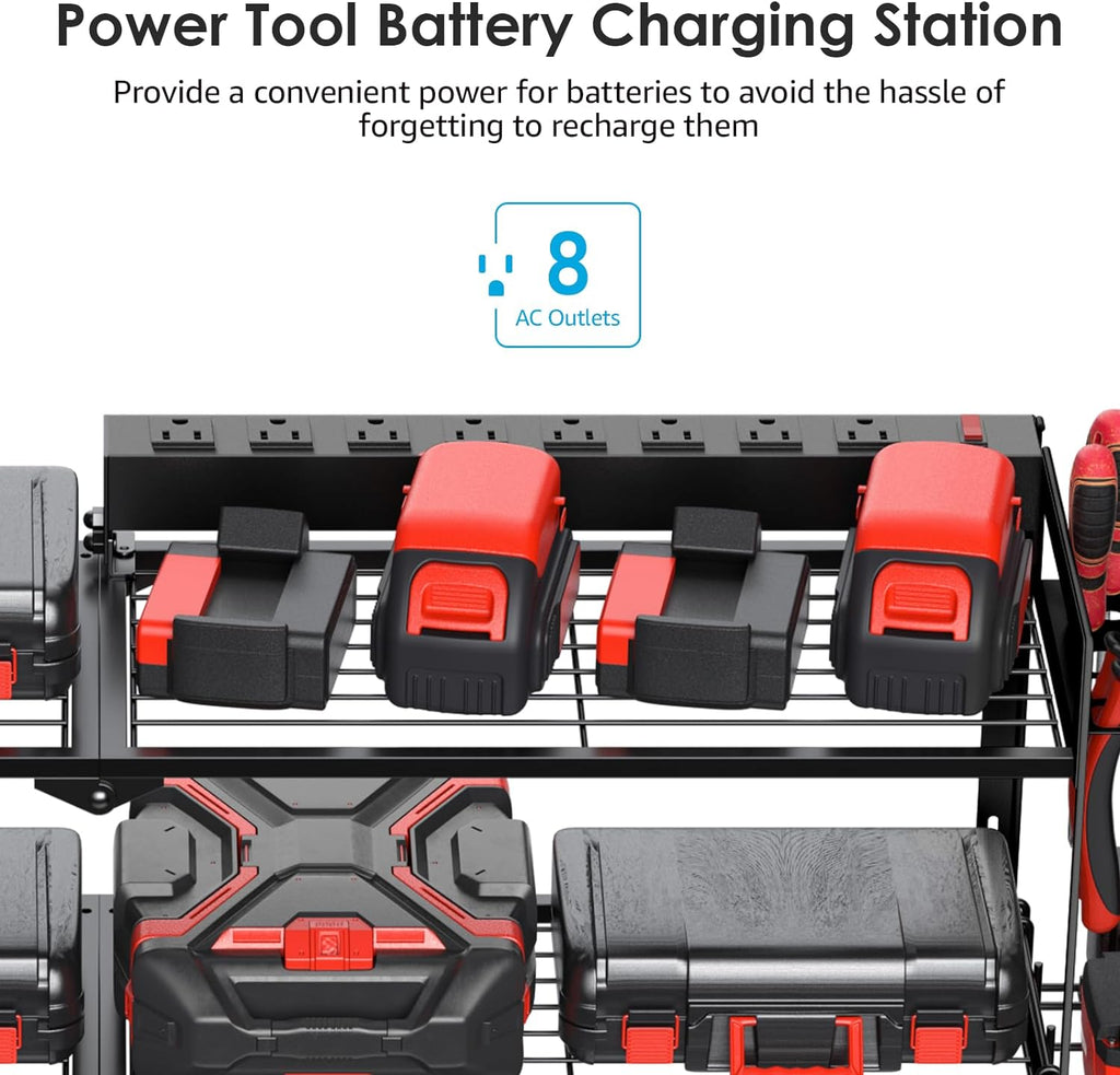 CCCEI Large Garage Tools Storage with Charging Station. Power Tool Battery Organizer Utility Shelf with Power Strip. 4 Drills Holder Wall Mount Rack, Black 3 Layer.