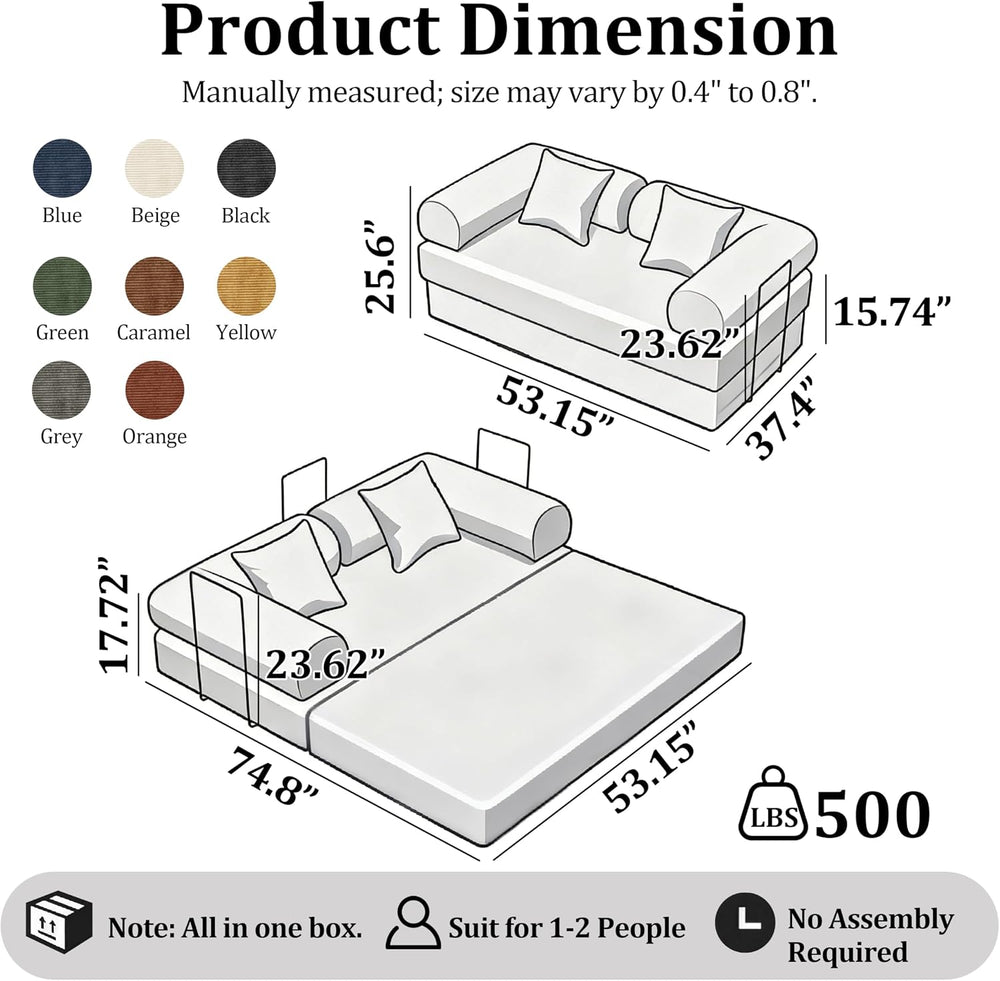 53.15'' Convertible Compressed Corduroy Folding Cloud Sofa Bed, Moder...