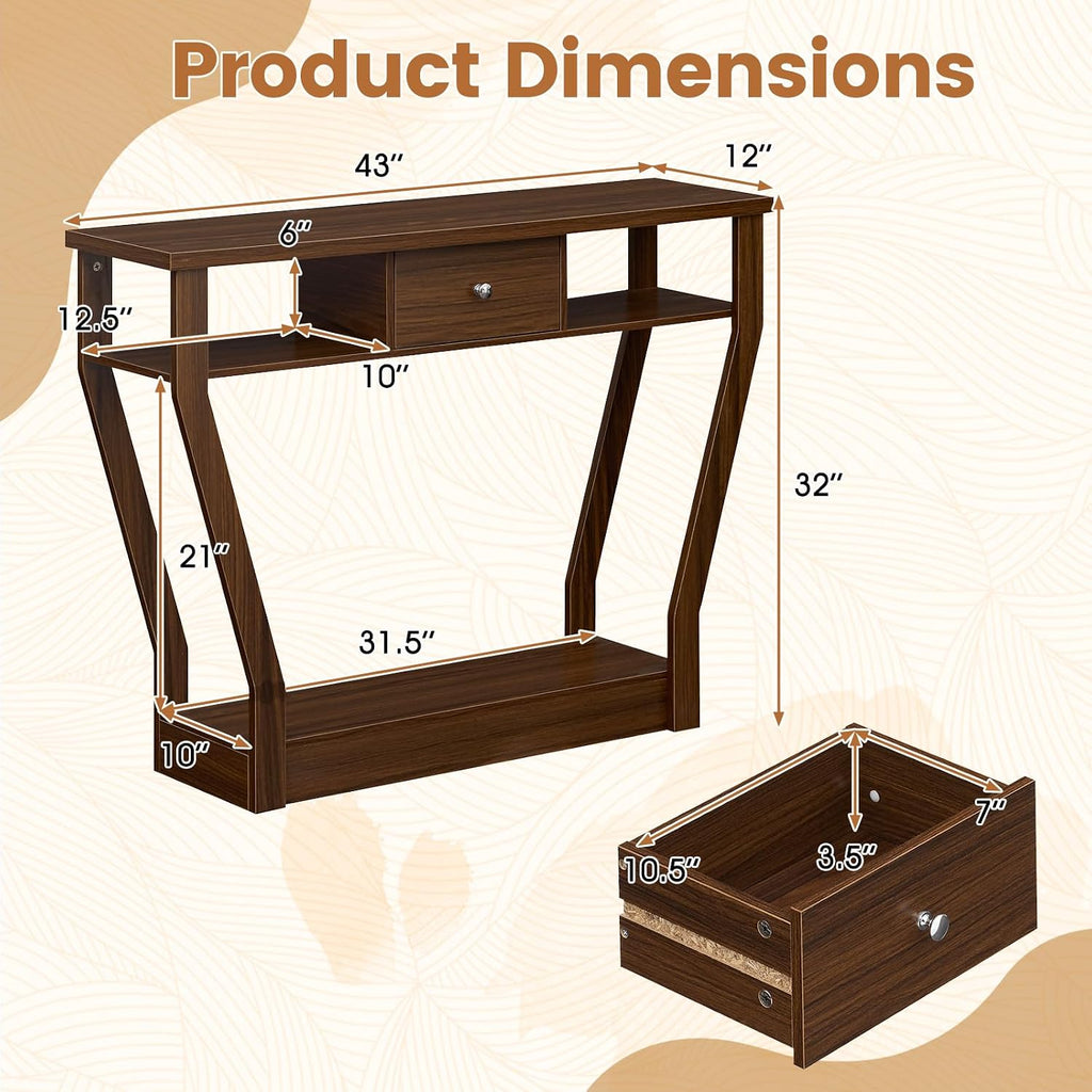 Giantex 43" Modern Console Table with Drawer & Storage Shelf, Walnut | Narrow Entryway Table w/Geometric Angled-Leg Design, Mid-Century Behind Couch Sofa Table for Living Room, Hallway, Entrance