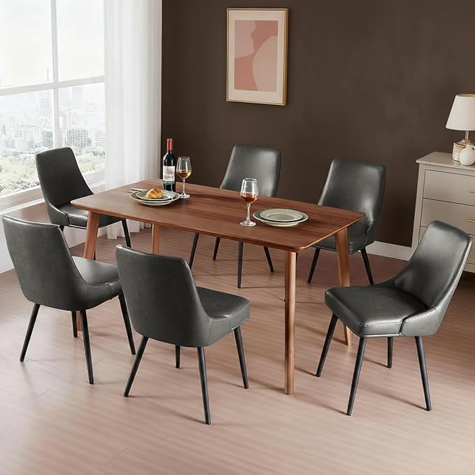 Modern Upholstered Dining Chairs Set of 6 with Thick Seat Cushion and Curved Back, Synthetic Leather Mid-Century Dinner Chair for Kitchen, Dining Room,Cafe (Faux Leather-Gray, Set of 6)