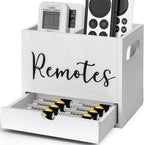 Remote Control Holder, 2 Slot TV Remote Holder& Desk Organizer with Drawers, Remote Organizer Caddy for Table, Wooden Remote Box for Nightstand,Media Storage Box for Living Room, Bed (White)