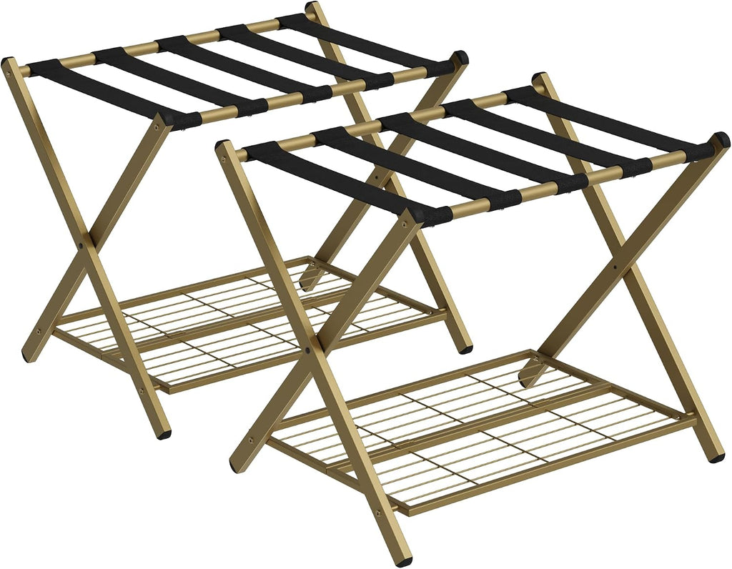 Smart FENDEE 2 Packs Fully Assembled Steel Luggage Rack, Folding Suitcase Stand with Shoe Shelf, Portable Luggage Holder for Guest Room, Bedroom, Hotel, Brass