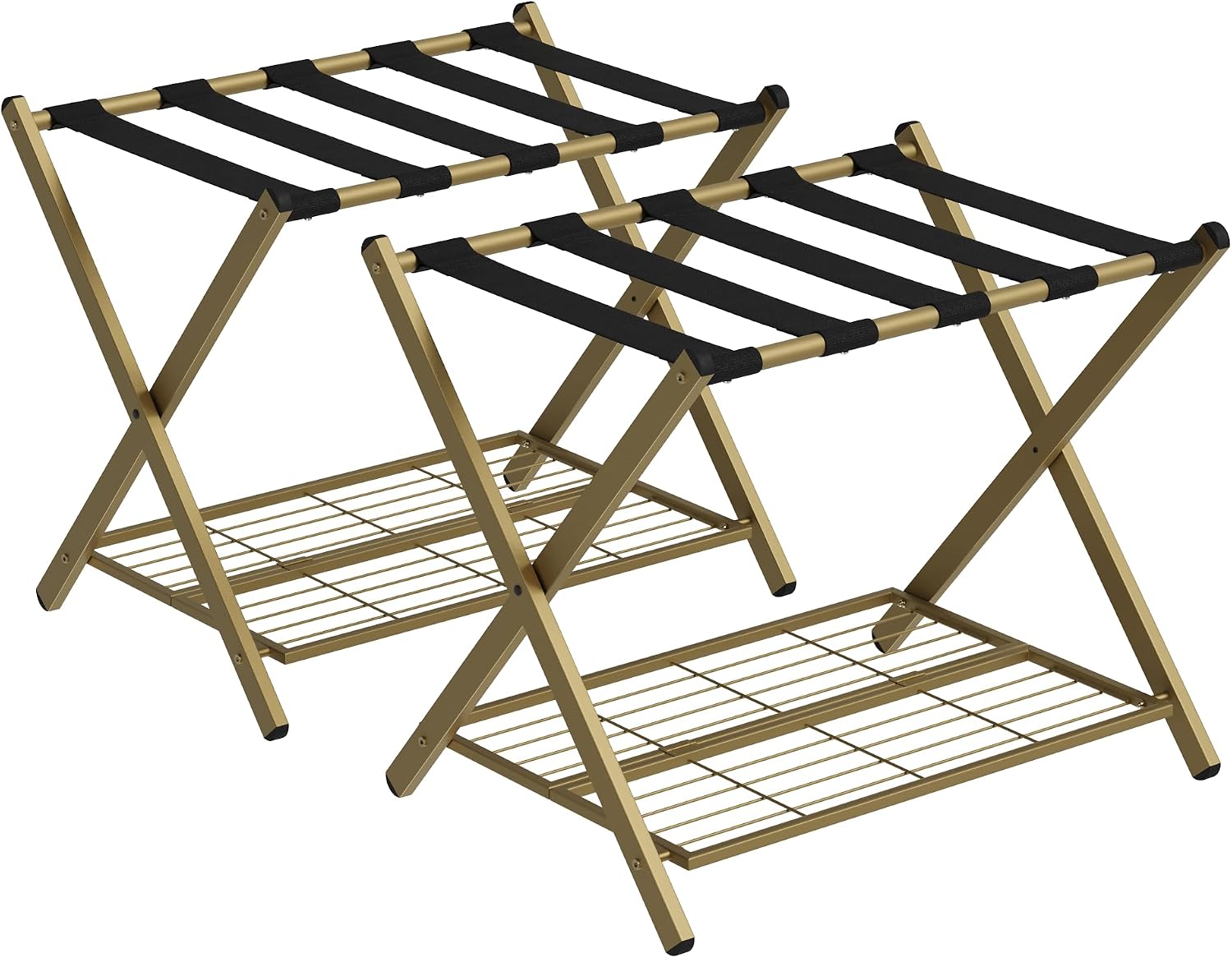 Smart FENDEE 2 Packs Fully Assembled Steel Luggage Rack, Folding Suitcase Stand with Shoe Shelf, Portable Luggage Holder for Guest Room, Bedroom, Hotel, Brass