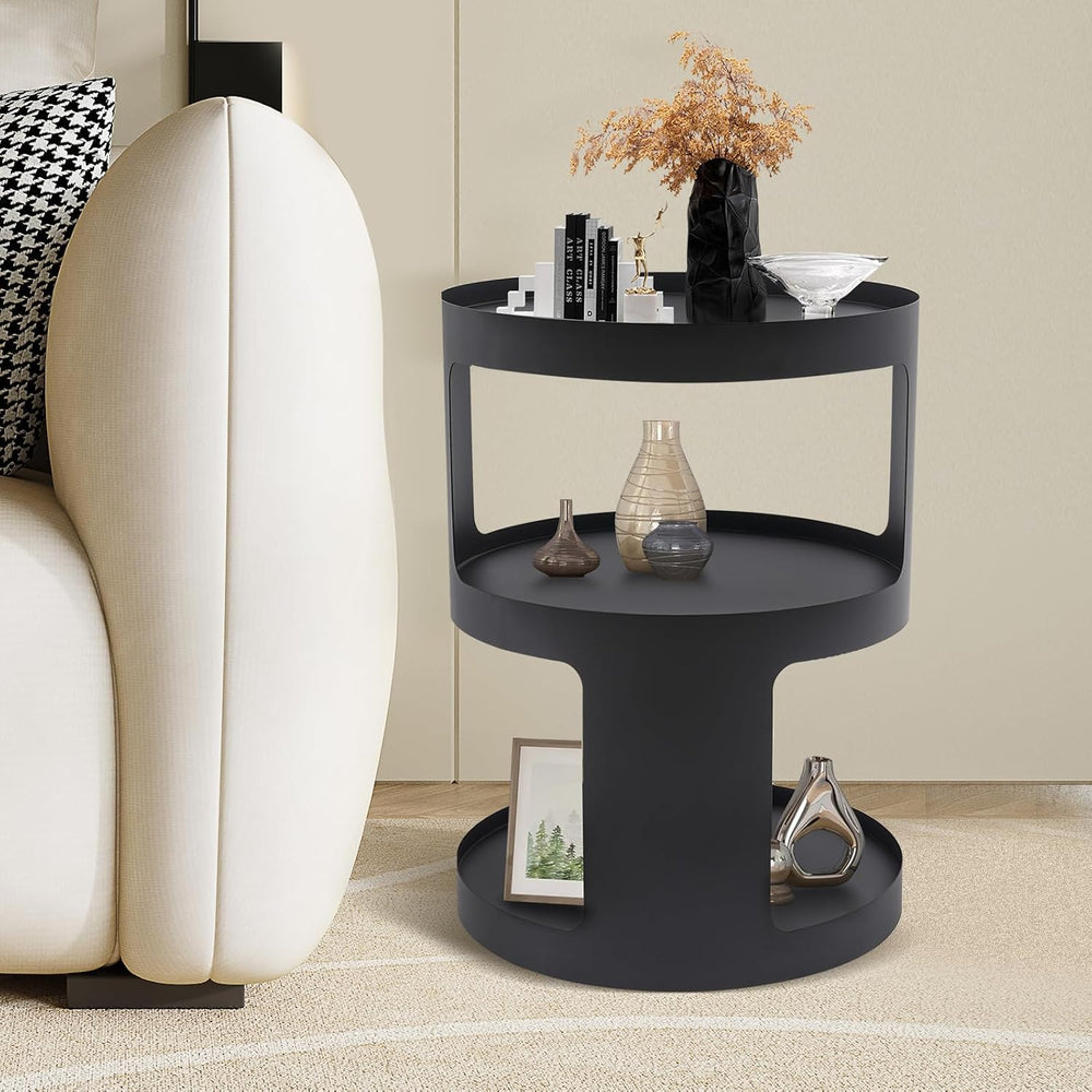 2-Layer Modern Side Table Round End Tables, Black Metal Nightstand Accent Tab...