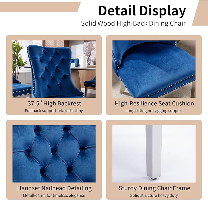 Luxury Upholstered Dining Chairs Set of 8, Blue Kitchen Chair with Silver Met...