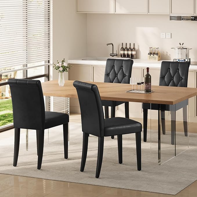Upholstered Dining Chairs Set of 4, Button Tufted Parsons Dining Chair with Solid Wood Legs, Modern PU Leather Side Chair for Dining Room/Kitchen/Restaurant/Hotel- Black