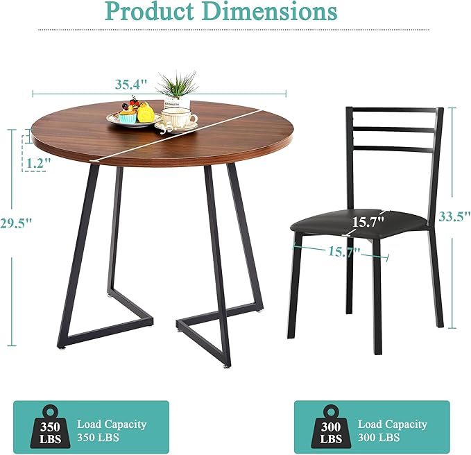 VECELO Round Dining Table Set for 4, Wood Tabletop & Heavy-Duty Steel Frame, 5-Piece Dinette with Chairs for Kitchen, Breakfast Nook, Walnut & Black
