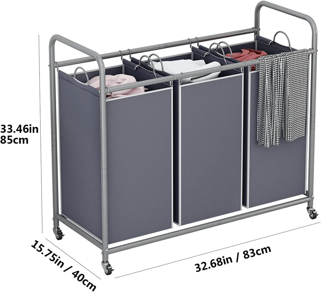 LINZINAR 3-Bag Laundry Sorter,Laundry Hamper Cart with Heavy Duty Rolling Lockable Wheels and Removable Bags (Grey)