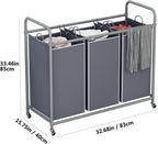 LINZINAR 3-Bag Laundry Sorter,Laundry Hamper Cart with Heavy Duty Rolling Lockable Wheels and Removable Bags (Grey)