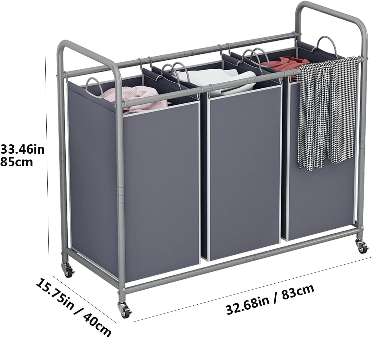LINZINAR 3-Bag Laundry Sorter,Laundry Hamper Cart with Heavy Duty Rolling Lockable Wheels and Removable Bags (Grey)