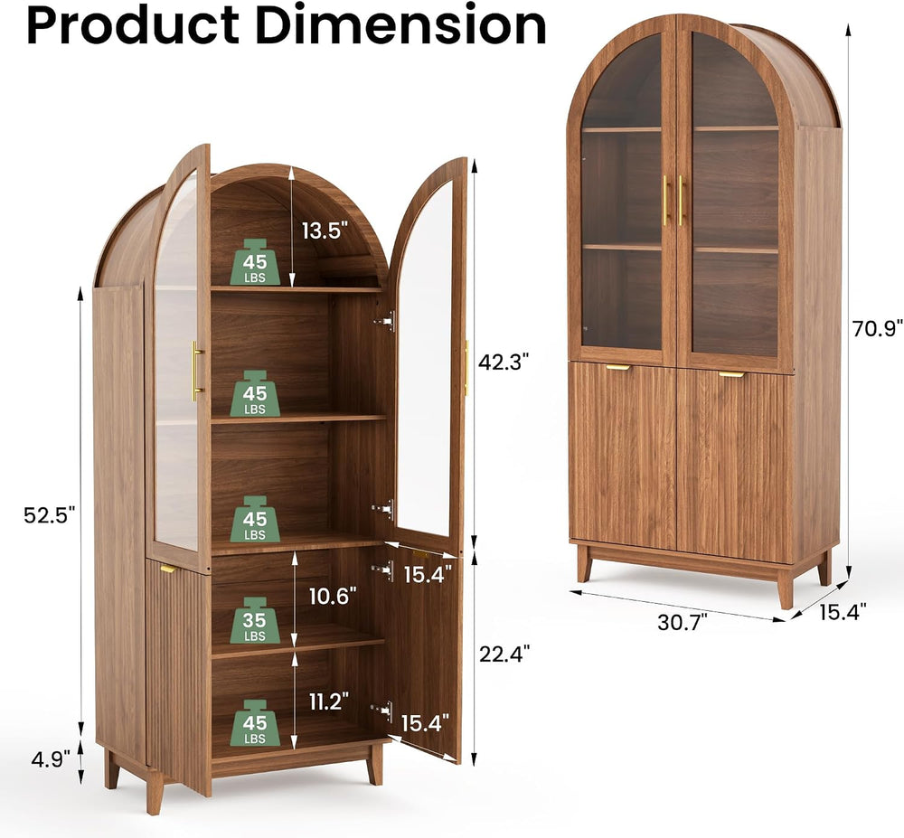 71" Tall Arched Pantry Cabinet, Kitchen Pantry with Glass Doors & Fl...