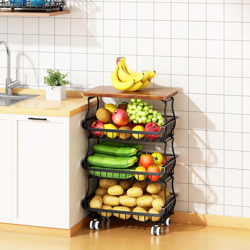 4 Tier Vegetable Fruit Basket for Kitchen, Stackable Metal Fruit and Vegetabl...