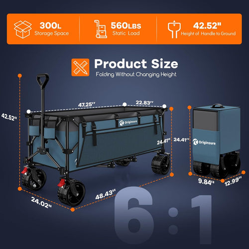 48" L Folding Beach Wagon Cart Foldable, 560lbs Weight Capacity 300L Heavy Duty Collapsible Wagons with Big All-Terrain Wheels, Utility Carts for Groceries, Shopping, Camping, Sports - Grey&Blue