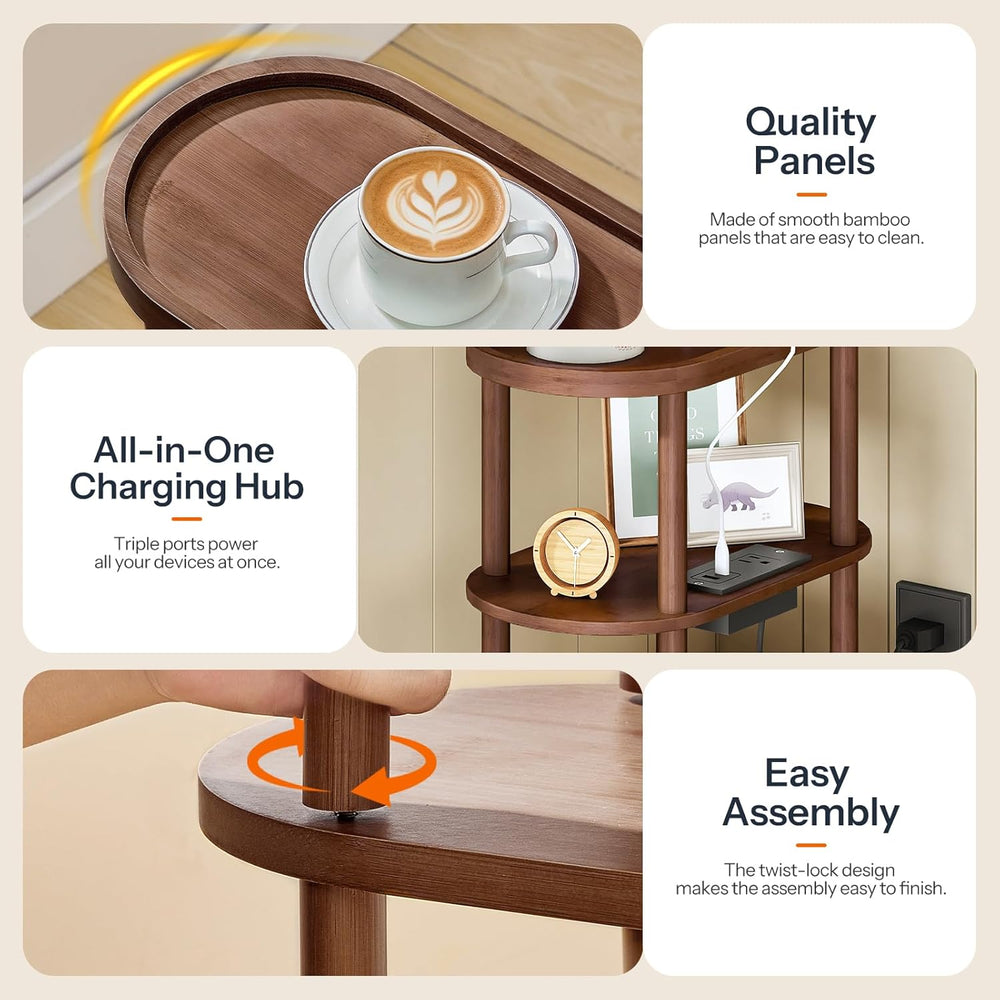 HOOBRO Small Narrow Side Table with Charging Station, 3-Tier Bamboo Narrow En...