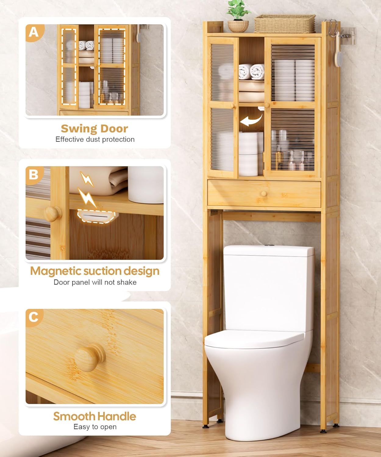 Over The Toilet Storage Cabinet: Bathroom Organizer Shelf with 1 Drawer and 2 Doors - Bamboo Saver Space Freestanding Rack for Restroom