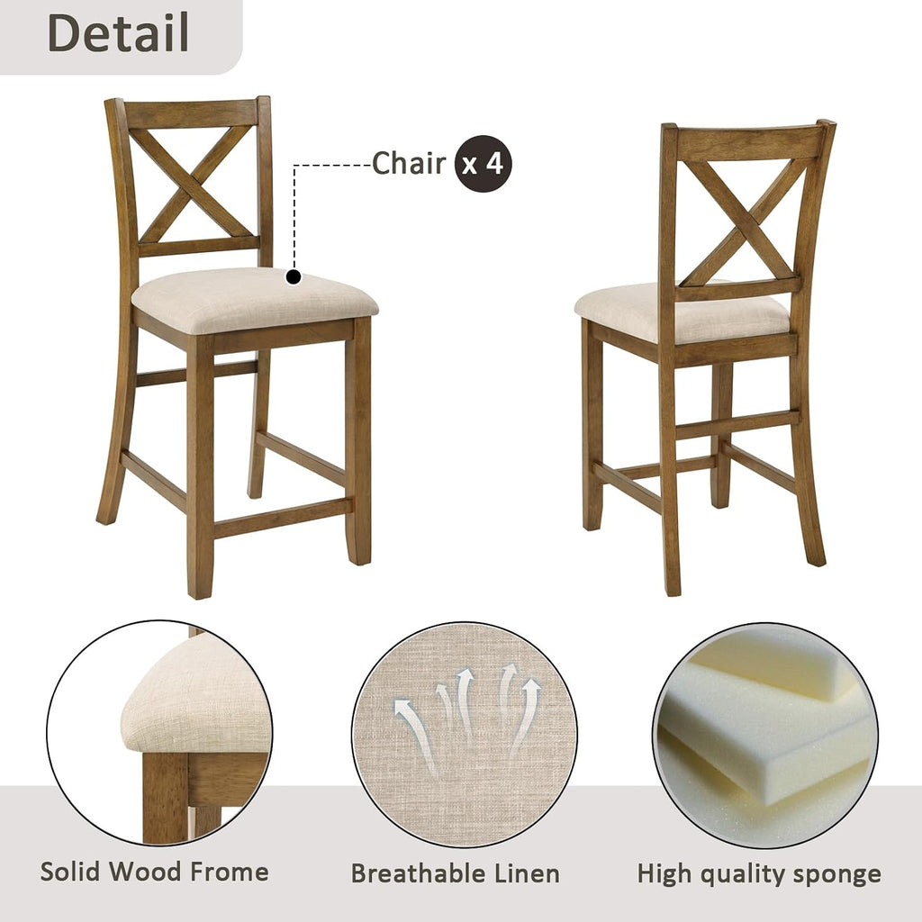 LUMISOL 5-Piece Dining Table Set for 4, Solid Wood Counter Height Kitchen Table Set with Square Table & 4 X-Back Chairs, Farmhouse Table and Chairs Set for Dining Room, Kitchen, Small Spaces, Oak
