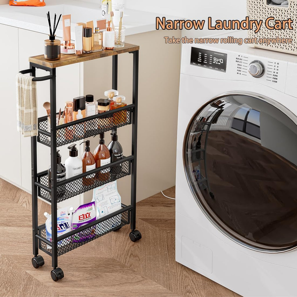 Slim Rolling Cart 4 Tier Narrow Storage Cart on Wheels with MDF Board Top and Metal Handle for Small Space Kitchen Living Room Home Office Pantry Bathroom Laundry Room(16.54×5.12×30.31 inch)