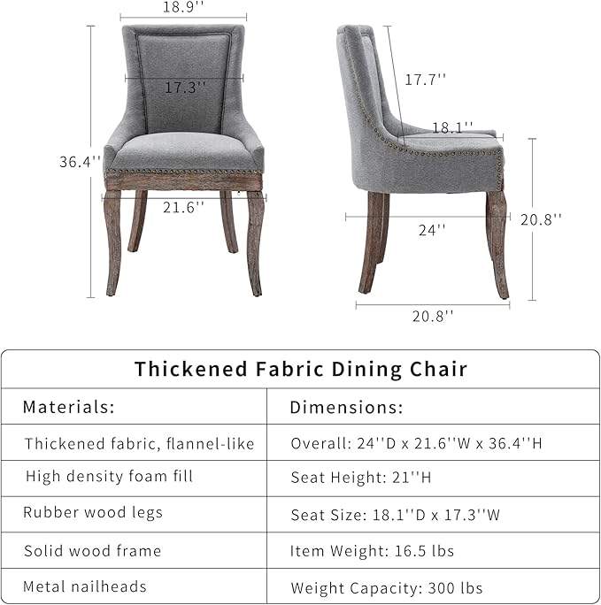Dining Chairs Set of 8, Kitchen & Dining Room Chairs, Fabric Upholstered Dinning Chairs, Sillas De Comedor, Nailhead Trim, Wood Legs (Grey, 8 Pcs)