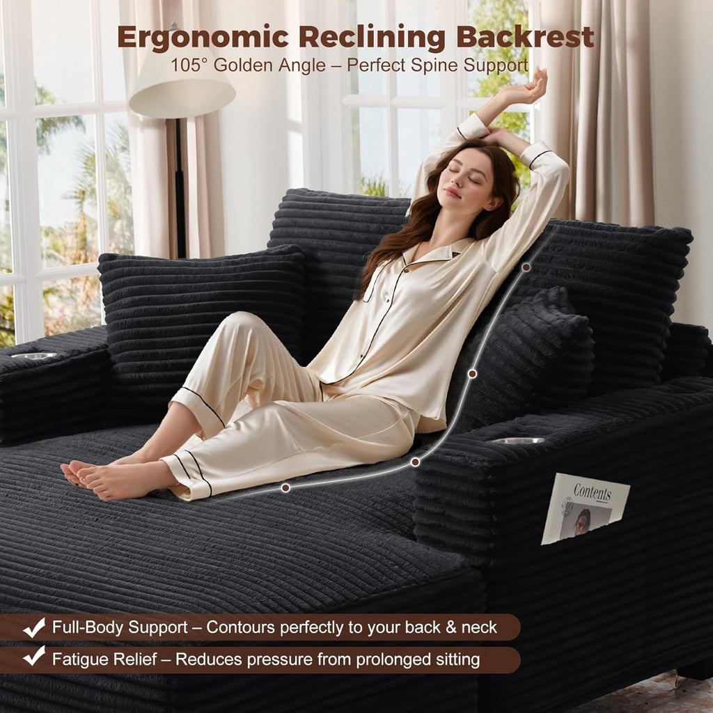 60" Oversized Chaise Lounge Chair with Wood Frame, USB Charging Port, Black | Comfy Plush Faux Fur, 2 Cup Holders & 3 Throw Pillows, Upholstered Sofa Bed for Living Room, Movie Room