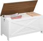 39.4" Toy Chest, Sturdy Entryway Storage Chest with Safety Hinges, Retro Toy Box, Wooden Look Accent Furniture for Living Room, Bedroom, White+Walnut SCBZ48101