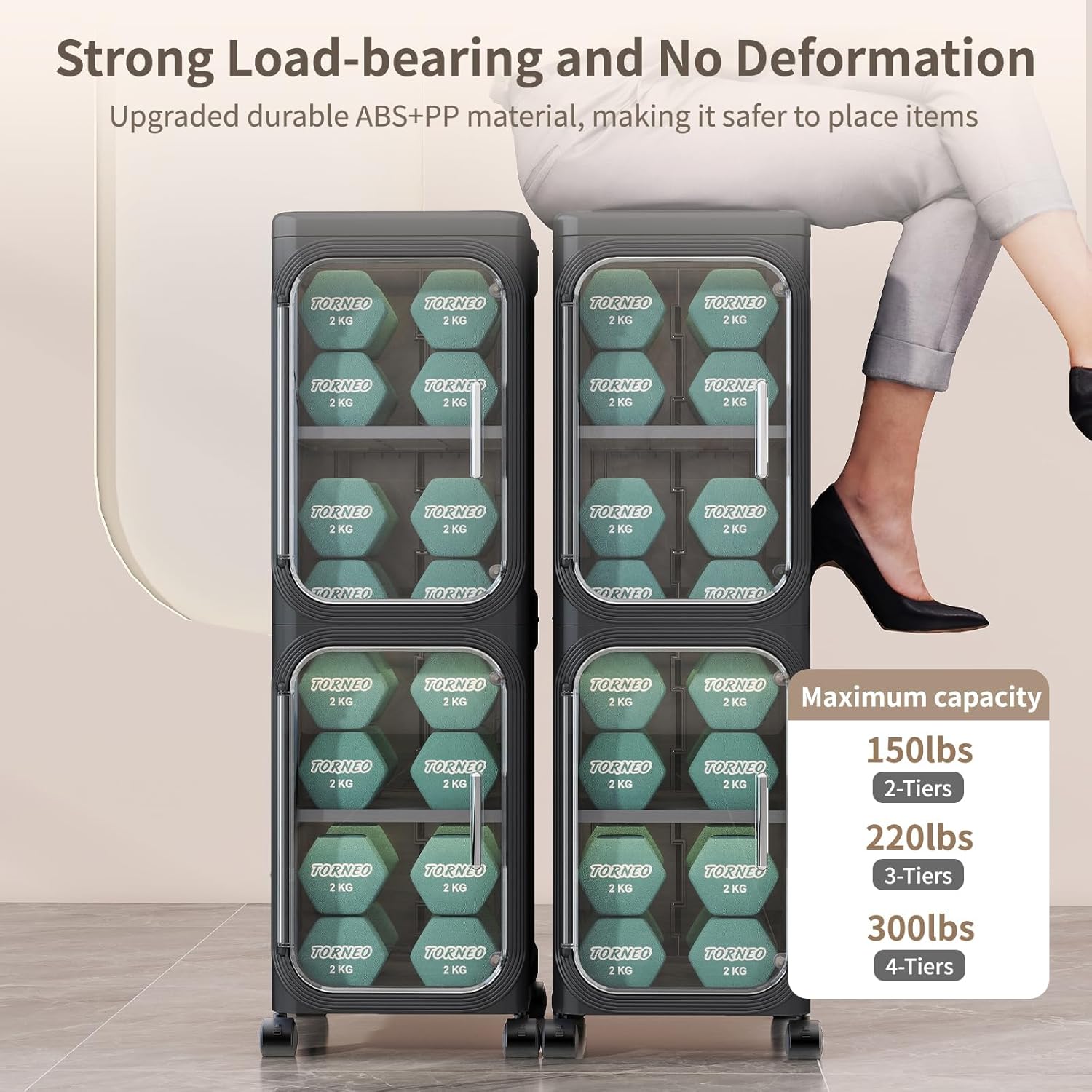 4 Tier Slim Bathroom Storage Cabinet, Foldable and Movable, Black | Tools Free, ABS and PET, Magnetic Clear Door, Adjustable Shelves, Lockable Wheels, Water Resistant, For Narrow Space