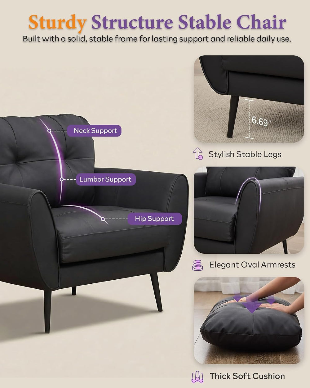 Black Leather Accent Chair, Tufted Reading Armchair for Living Room Office