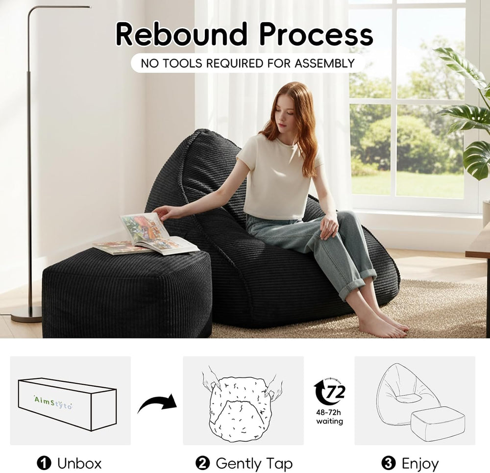 Bean Bag Chair with Ottoman for Adults, Large Corduroy Bean Bag Couch, Chaise...