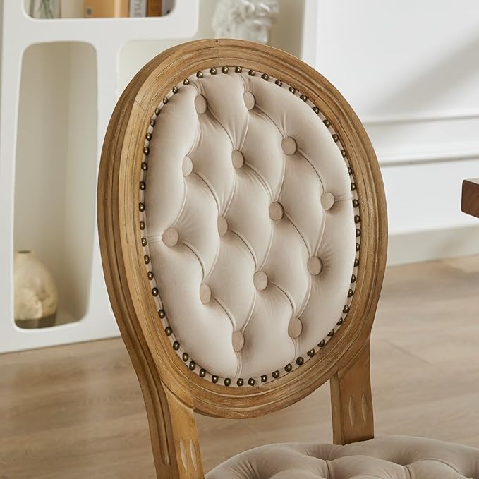 French Country Dining Chairs Set of 6,Farmhouse Upholstered Dining Room Chairs with Tufted Round Back&Solid Leg,Velvet Kitchen Side Chairs for Kitchen/Bedroom/Dining Room,Beige