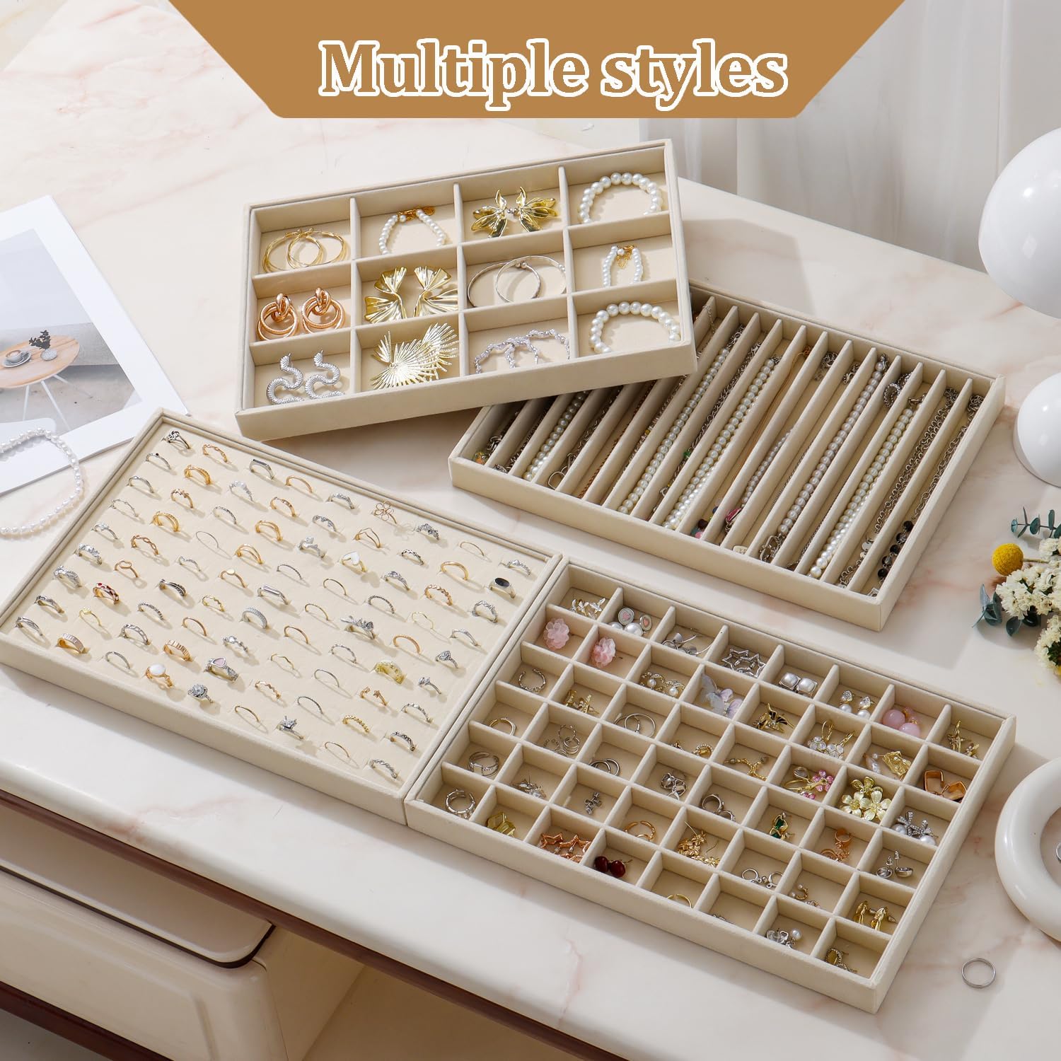 Large Velvet Jewelry Tray 2 Pack Stackable Jewelry Display Drawer Inserts Trays Organizer for Earring Bracelet Necklace Ring (Beige, 16 Grids)