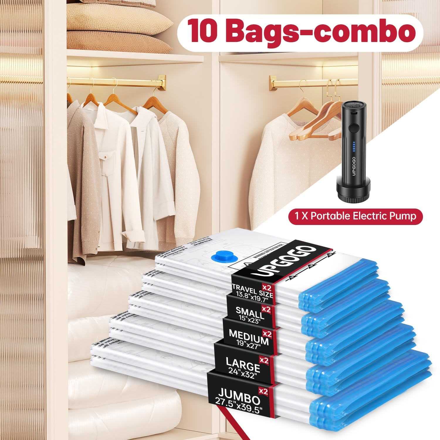 Vacuum Storage Bags with Portable Electric Pump,Vacuum Seal Bags for Clothing,Space Saver Bags,Vacuum Travel Bags for Luggage(Combo 10 Pack)