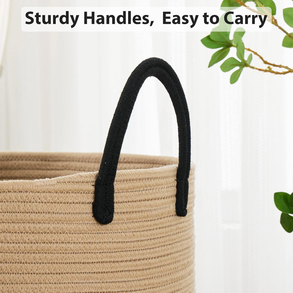 Fiona's magic 58L Large Woven Laundry Hamper, Tall Cotton Rope Laundry Basket, Boho Storage Basket for Blankets, Toys and Clothes Hamper for Bedroom and Living Room Organizing, Brown & Black