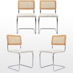 Zesthouse Natural Rattan Dining Chairs Set of 4, Modern Kitchen Chairs with Solid Wood Back for Dining Room Living Room, Mid Century Breuer Design Inspired, Upholstered Boule Fabric, White