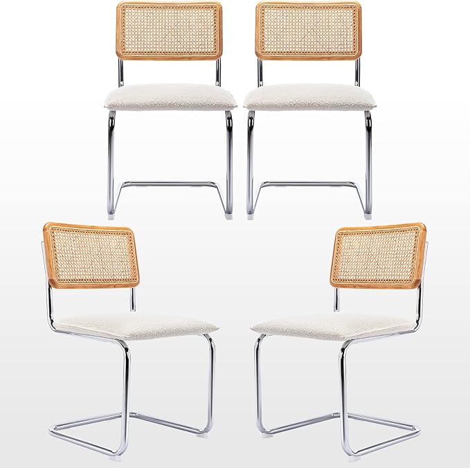 Zesthouse Natural Rattan Dining Chairs Set of 4, Modern Kitchen Chairs with Solid Wood Back for Dining Room Living Room, Mid Century Breuer Design Inspired, Upholstered Boule Fabric, White