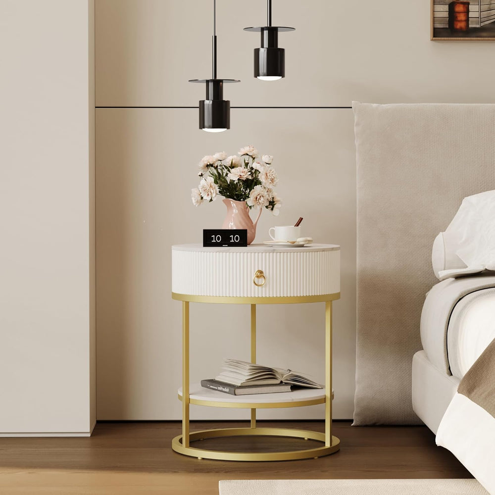 COSIEST Round Side Table with Drawer, Modern Tall Nightstand with Faux Marble...
