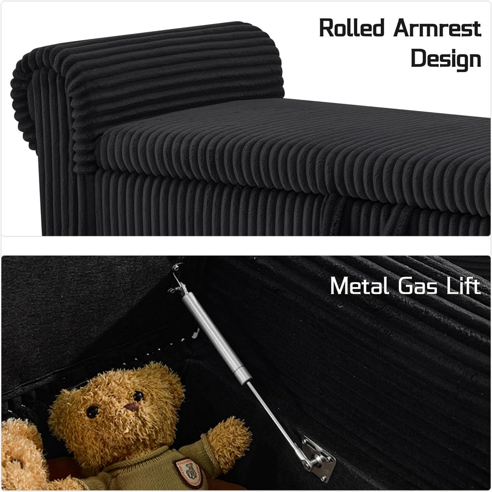 55" Corduroy Storage Ottoman Bench, Queen Bed, Black | End of Bed, Bedro...