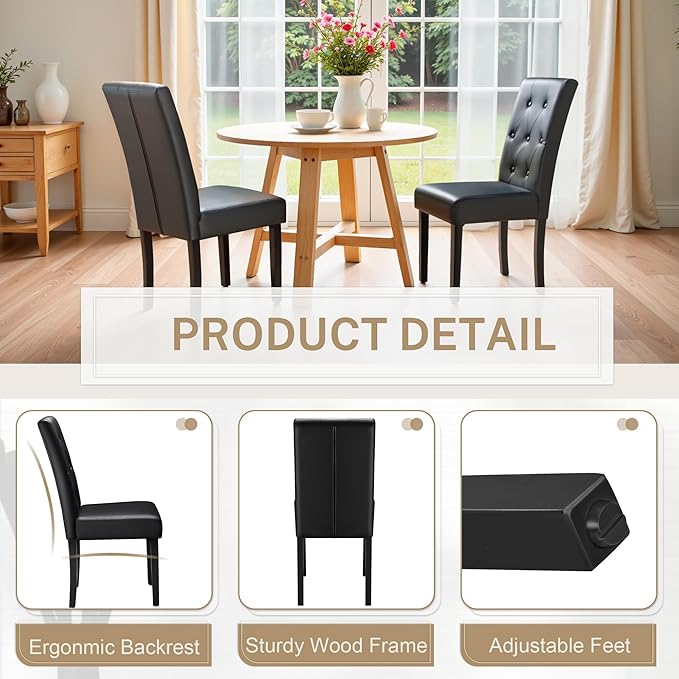 Furmax Upholstered Dining Chairs Set of 4, PU Leather Dinning Room Chairs, Button Tufted Kitchen Chairs with Adjustable Wood Legs for Dining Room/Living Room/Restaurant (Leather Black, 4)