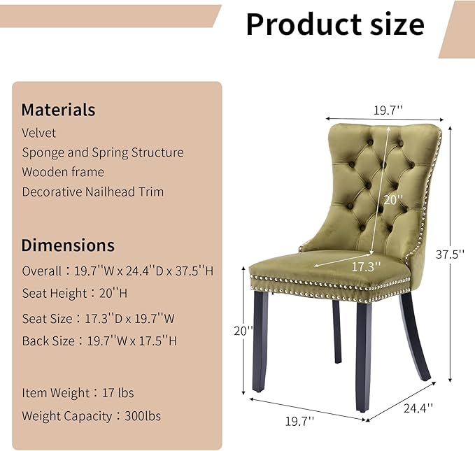 Modern Dining Chairs Set of 6, Tufted Upholstered Dining Chair with Solid Wood Legs, Olive Green Velvet Accent Chair, Sillas de Comedor, 6 Dining Chairs (Olive Green, Velvet, 6Pcs)