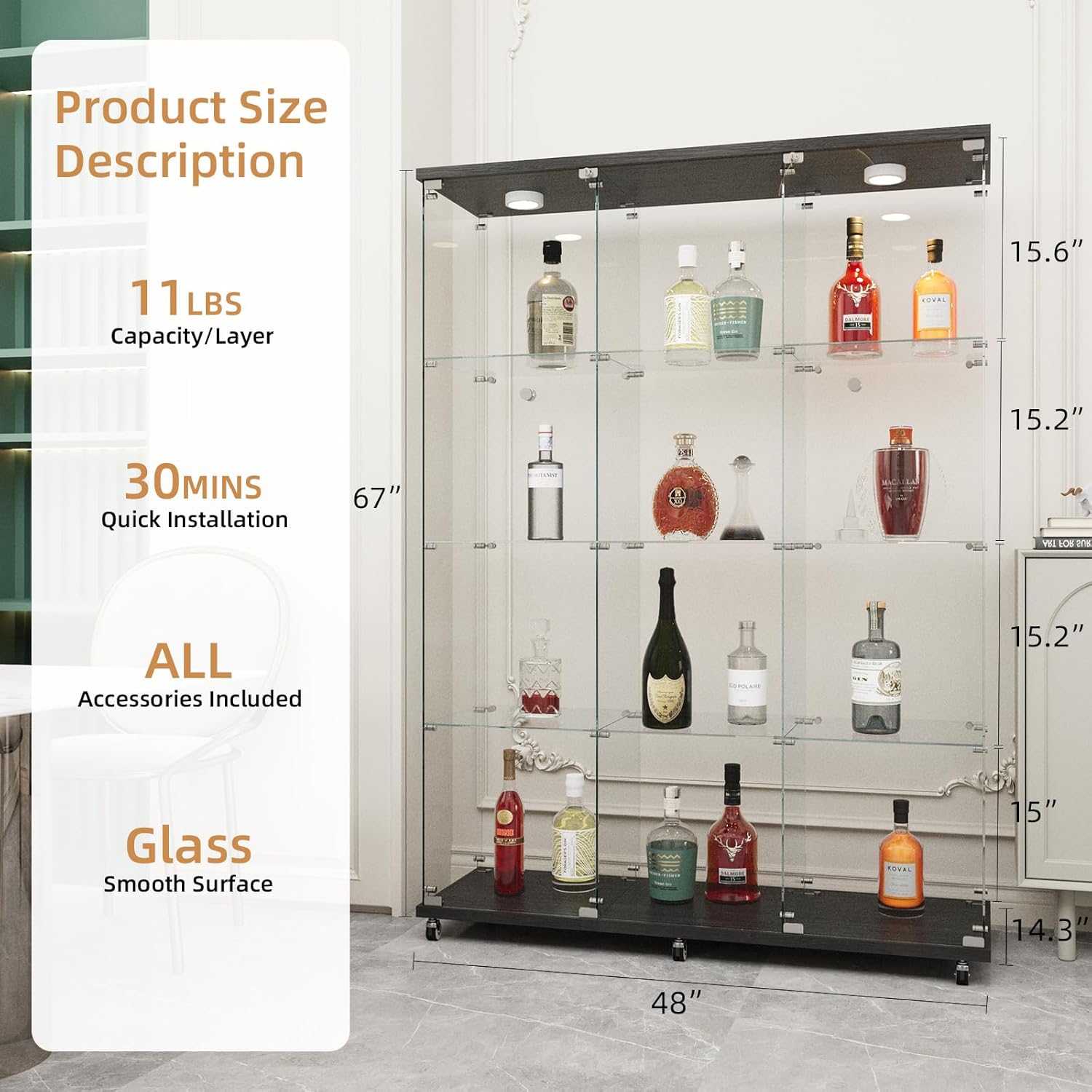 Beauty4U Glass Display Cabinet with LED Lights, Extra Large 3 Columns 2 Doors Curio Cabinets with 12 Shelves for Living Room, Bedroom, Office, Black Floor Standing DIY Glass Bookshelf